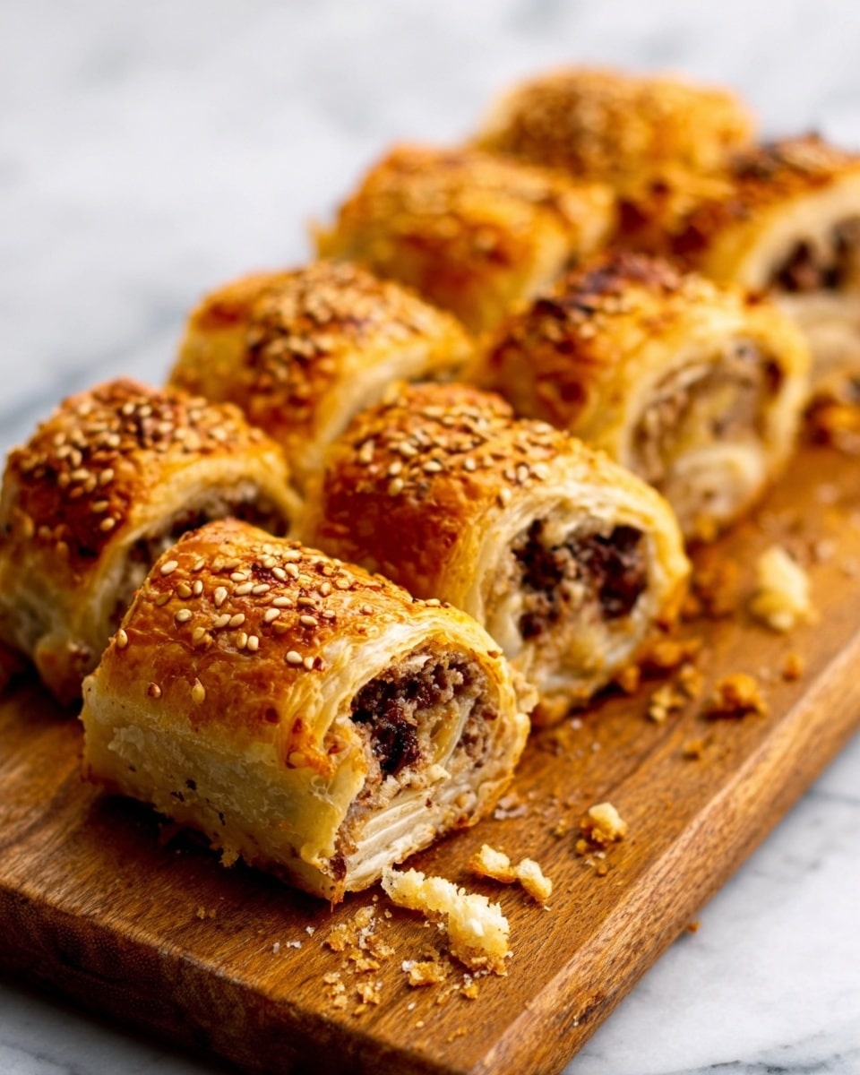 The image shows a wooden board on a white marbled surface with several small rolled pastries lined up in a row. Each pastry has a golden brown, flaky crust sprinkled with sesame seeds on top. The inside of each roll is filled with a mixture that looks creamy light brown with bits of dark brown filling spread evenly through the center. Crumbs from the flaky crust are scattered around the rolls on the board. Photo taken with an iphone --ar 4:5 --v 7