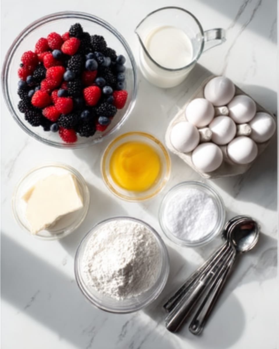 The image shows a white marble surface with six clear glass bowls and a white egg carton. The top bowl holds bright red raspberries, blackberries, and blueberries mixed together, creating a colorful mix of red, black, and blue textures. Below it, a clear pitcher contains white milk with a smooth texture. To the right, the white egg carton contains six white eggs lined up neatly. Next to the eggs, a small clear bowl holds yellow melted butter with a smooth shine. Below the milk, a clear bowl full of white flour with a soft powdery texture can be seen. Lastly, a small clear bowl with white granulated sugar is placed next to the flour. Three metal measuring spoons rest on the right side, casting soft shadows. The light in the image is soft and natural. photo taken with an iphone --ar 4:5 --v 7