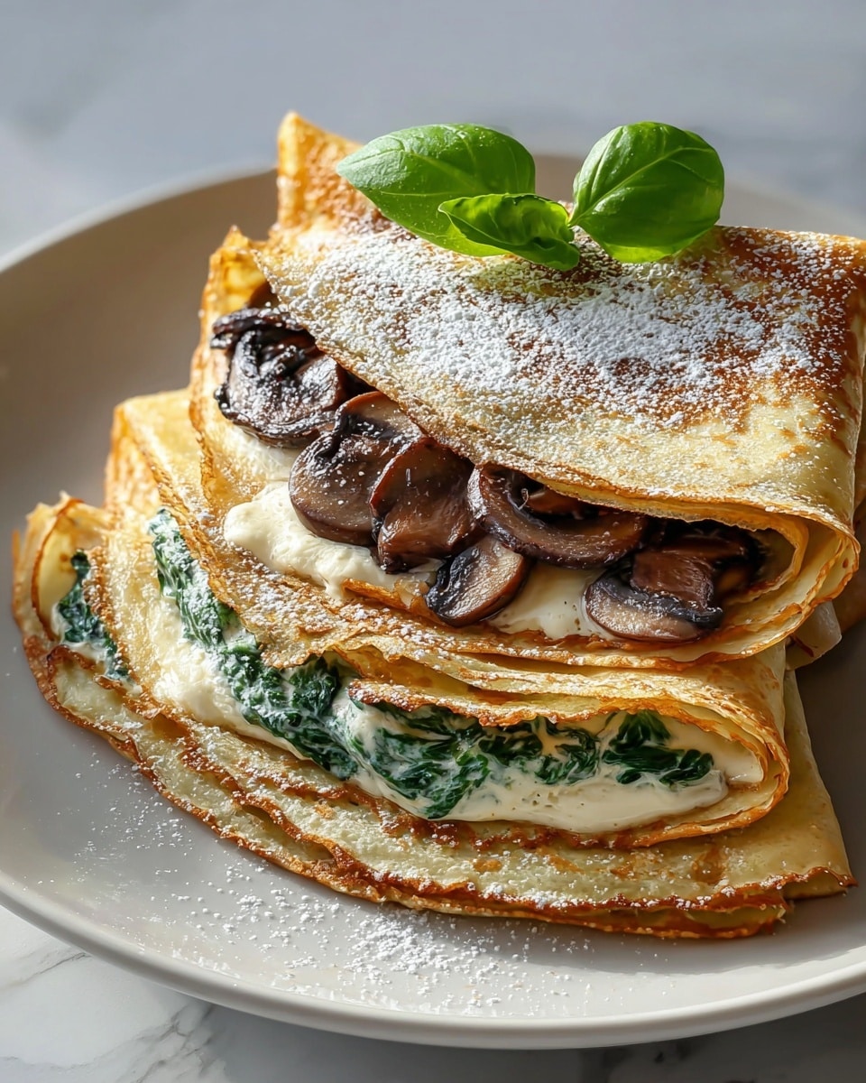 A stack of three folded crepes is shown on a white plate, placed on a white marbled surface. The bottom crepe has a visible layer of cooked spinach mixed with creamy white cheese folded inside, the middle crepe is filled with sliced brown mushrooms and a light creamy filling, and the top crepe has a thick spread of dark chocolate filling. The top crepe is dusted with powdered sugar and garnished with two fresh green basil leaves. The crepes are thin and golden brown with slightly crispy edges, and the light shines naturally on them, highlighting the textures and colors. Photo taken with an iphone --ar 4:5 --v 7