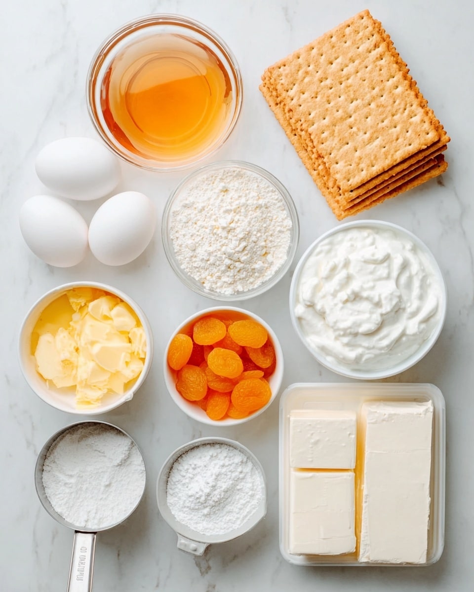 The image shows a white marbled surface with ingredients neatly arranged in rows. At the top right, there is a small stack of light brown rectangular crackers. To the left of the crackers is a clear glass bowl with amber honey. Below the crackers, a small bowl holds bright orange dried apricots. Next to the apricots, there is a white bowl filled with pale yellow melted butter. Near the center-left, three white eggs sit side by side. Above the eggs, a white bowl contains white sugar. Below the eggs, a metal measuring cup holds white flour, and next to it is a small white bowl of white salt. At the bottom left, three beige blocks of cream cheese rest on an egg carton edge. On the bottom right, a white bowl filled with thick white cream cheese or yogurt completes the layout. The photo was taken with an iphone --ar 4:5 --v 7