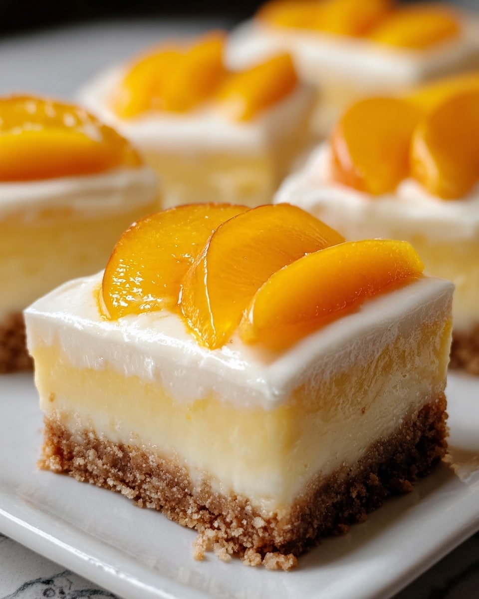 The image shows a close-up of a square dessert bar with three visible layers on a white plate with a white marbled surface underneath. The bottom layer is a crumbly brown crust with a rough texture. Above this is a smooth, creamy pale yellow layer that looks like custard. The third layer is a white, fluffy cream topping that covers the custard. On top, there are two thick, shiny slices of bright orange peach placed side by side. More dessert bars with the same layers and peach slices are partially visible in the blurry background. Photo taken with an iphone --ar 4:5 --v 7