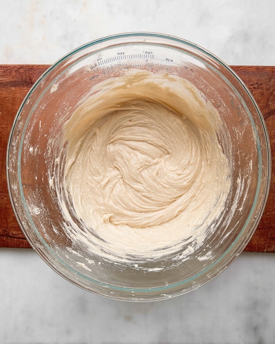 A clear glass mixing bowl sits on a white marbled surface, containing a smooth, creamy mixture with a pale beige color. The mixture is spread thinly on the bottom of the bowl, showing a textured swirl pattern radiating from the center. The bowl has measurement markings on the inside, visible through the glass, and remnants of the mixture are lightly smeared near the sides. photo taken with an iphone --ar 4:5 --v 7
