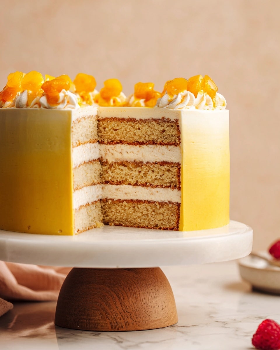 A tall cake with four layers of light brown sponge separated by thin layers of white and yellow cream. The outside is covered with smooth yellow frosting. On top, there are small pieces of bright orange fruit placed around the edge. The cake stands on a white round plate with a wooden base, and the background has a soft beige color with a white marbled surface below. A single red raspberry is visible at the bottom right corner of the image. photo taken with an iphone --ar 4:5 --v 7