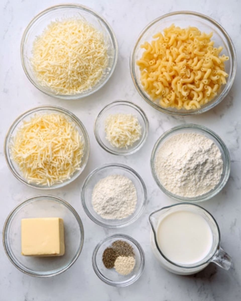 This image shows eight small clear glass bowls arranged on a white marbled surface. Each bowl contains a different ingredient: shredded pale yellow cheese in one, small elbow pasta in another, finely grated white cheese in a third, white flour in a fourth, a small bowl of three seasonings (white, beige, and black) in another, shredded white cheese in the sixth, a small block of pale yellow butter in the seventh, and a clear glass measuring cup filled with white milk on the far right. The bowls and cup are evenly spaced, creating a neat layout. photo taken with an iphone --ar 4:5 --v 7