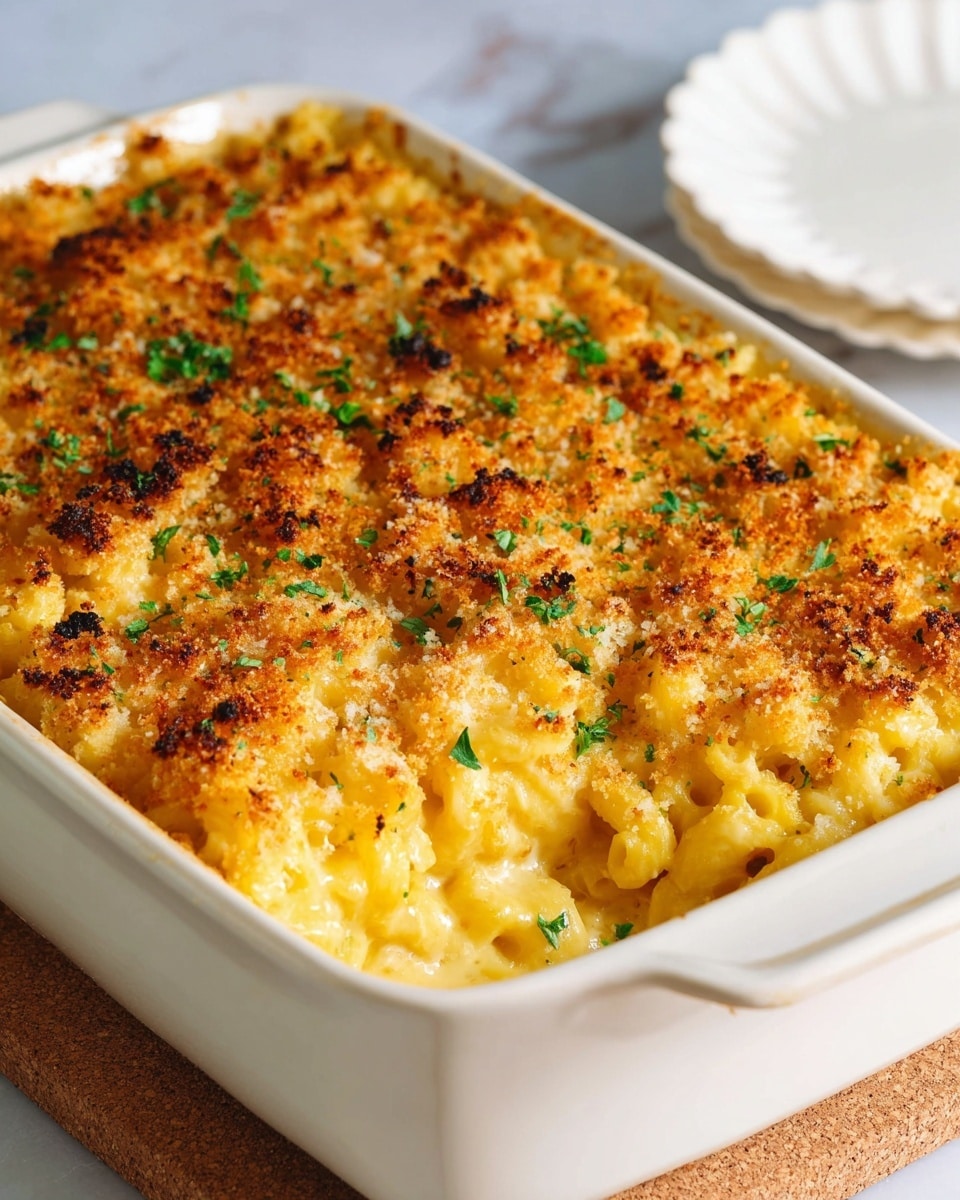 A white rectangular baking dish holds a rich mac and cheese casserole with about two layers. The bottom layer is creamy, golden-yellow macaroni pasta covered evenly with melted cheese. The top layer is a baked, crispy golden brown breadcrumb crust, with a slightly rough texture and scattered small green parsley pieces for color contrast. The dish is on a cork trivet, set against a white marbled surface, with an empty white scalloped plate blurred in the background. photo taken with an iphone --ar 4:5 --v 7