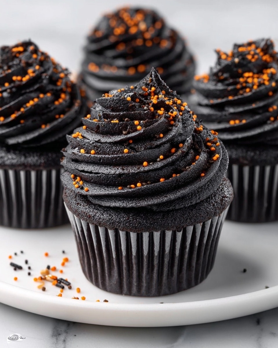 The image shows dark black cupcakes with three main layers visible: a black cupcake base with a smooth and slightly rough texture, topped with a thick swirl of black frosting that has a creamy, soft texture with small ridges. The frosting is decorated with tiny orange and black sprinkles scattered on top and around the cupcakes. The cupcakes are placed on a white plate, and the plate is set on a white marbled surface. Photo taken with an iphone --ar 4:5 --v 7