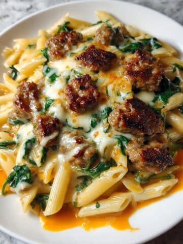 Creamy Garlic Butter Beef Penne with Sausage and Spinach Recipe