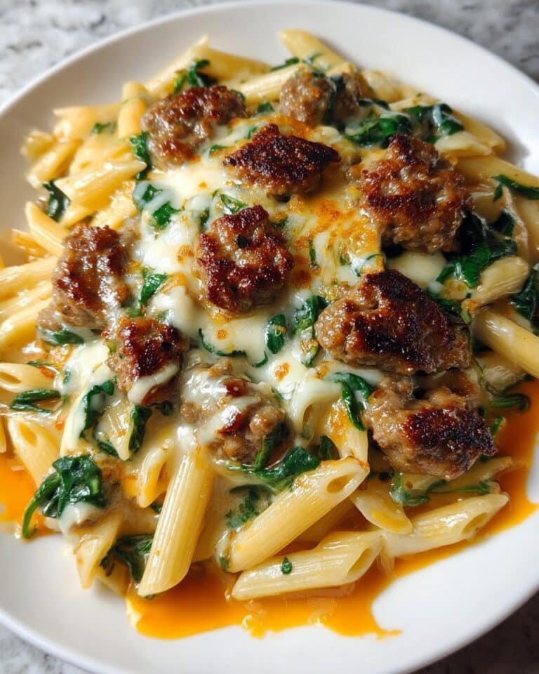 Creamy Garlic Butter Beef Penne with Sausage and Spinach Recipe