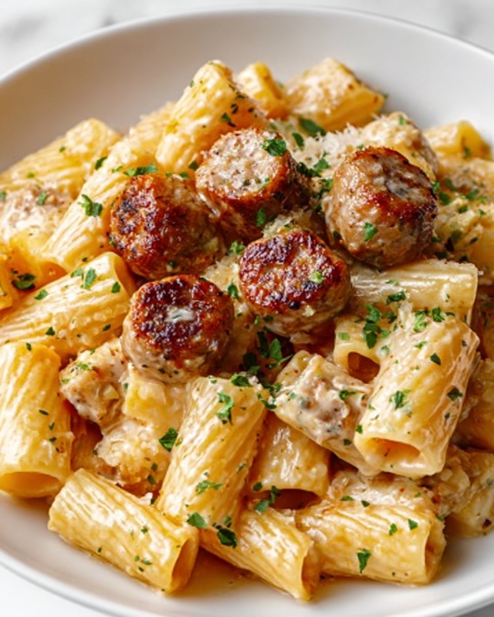 The image shows a close-up view of rigatoni pasta covered with a creamy sauce mixed with small green herb bits, placed on a white plate on a white marbled surface. On top of the pasta, there are several browned sausage pieces that look juicy and slightly crispy, arranged in the center. The rigatoni is thick and coated evenly, with some herbs sprinkled over the dish, giving it a fresh look. photo taken with an iphone --ar 4:5 --v 7