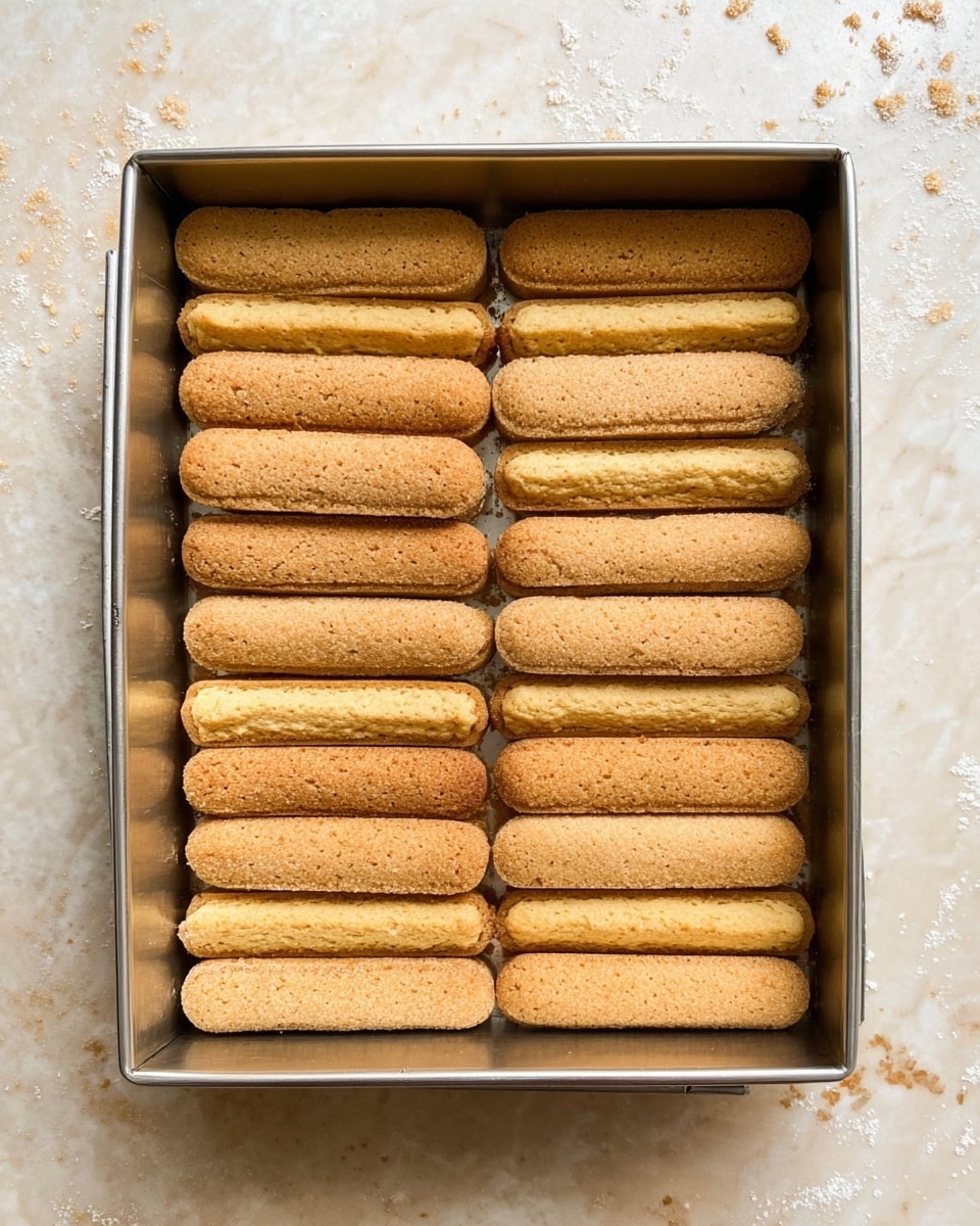 A square metal baking pan filled with two layers of ladyfinger biscuits arranged neatly; the bottom layer has eight whole ladyfingers placed side by side horizontally, while the top layer has seven ladyfingers placed horizontally, fitting tightly in the pan. The biscuits are light brown with a slightly rough texture and some darker spots, showing a crisp look. The pan sits on a white marbled surface with some crumbs around. photo taken with an iphone --ar 4:5 --v 7