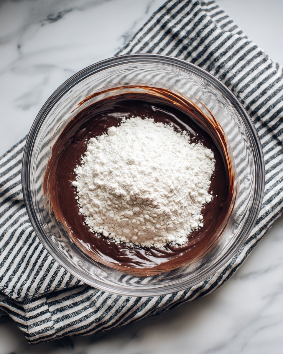 A clear glass bowl filled with smooth, rich dark brown chocolate batter, with a white and wood spatula resting inside the bowl, coated in the thick batter. The bowl is placed on a white marbled texture surface, and there are small drops of batter near the bowl's edge. The spatula handle is long and wooden with the white silicone part inside the bowl. photo taken with an iphone --ar 4:5 --v 7
