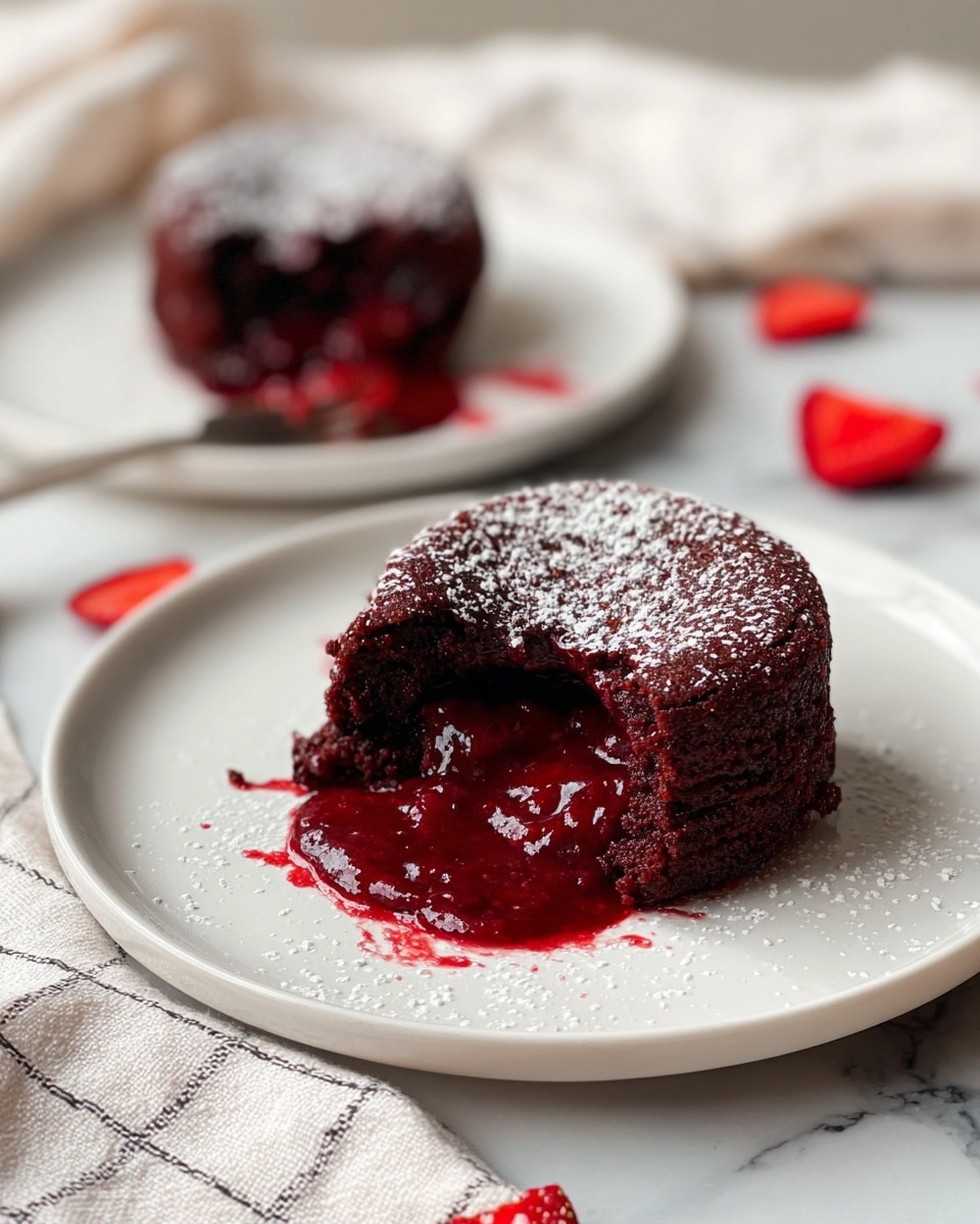 The image shows a dark red molten cake with one layer of rich, glossy red filling oozing out from the middle on a white plate. The cake has a soft texture with a slightly crumbly top sprinkled with powdered sugar. In the background, there is a second white plate with a similar cake, partially eaten, sitting on a white marbled surface covered with a light cloth with a grid pattern. The scene contains a few small red strawberry pieces scattered around. Photo taken with an iphone --ar 4:5 --v 7