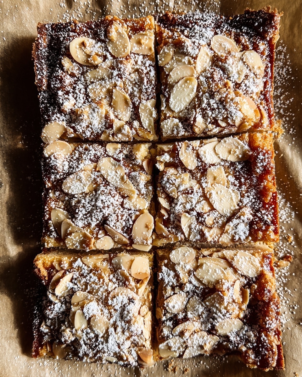 The image shows a rectangular tart divided into six square pieces on a light brown parchment paper. The tart has a golden brown crust with a slightly darker, caramelized edge. The top is covered with a layer of sliced almonds scattered unevenly and dusted generously with white powdered sugar. The surface texture is rough and crumbly, with some parts appearing crunchy and others slightly soft. Natural light casts soft shadows, highlighting the crisp edges and nutty topping. photo taken with an iphone --ar 4:5 --v 7