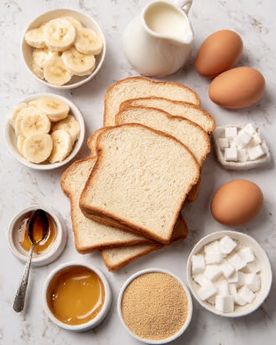 The image shows six slices of plain white bread stacked slightly messy in the center on a white marbled surface. To the left, there is a small white bowl filled with round banana slices with a creamy color. Above the bread is a small white jug with fresh milk, and to the right side, three brown eggs rest directly on the white marbled surface. Below the bread, on the left, a silver teaspoon rests beside a small white bowl filled with golden honey. Next to it on the right is a white bowl containing white sugar cubes with a soft texture, and below that is another white bowl filled with a light brown grainy substance, likely brown sugar or similar. The photo taken with an iphone --ar 4:5 --v 7