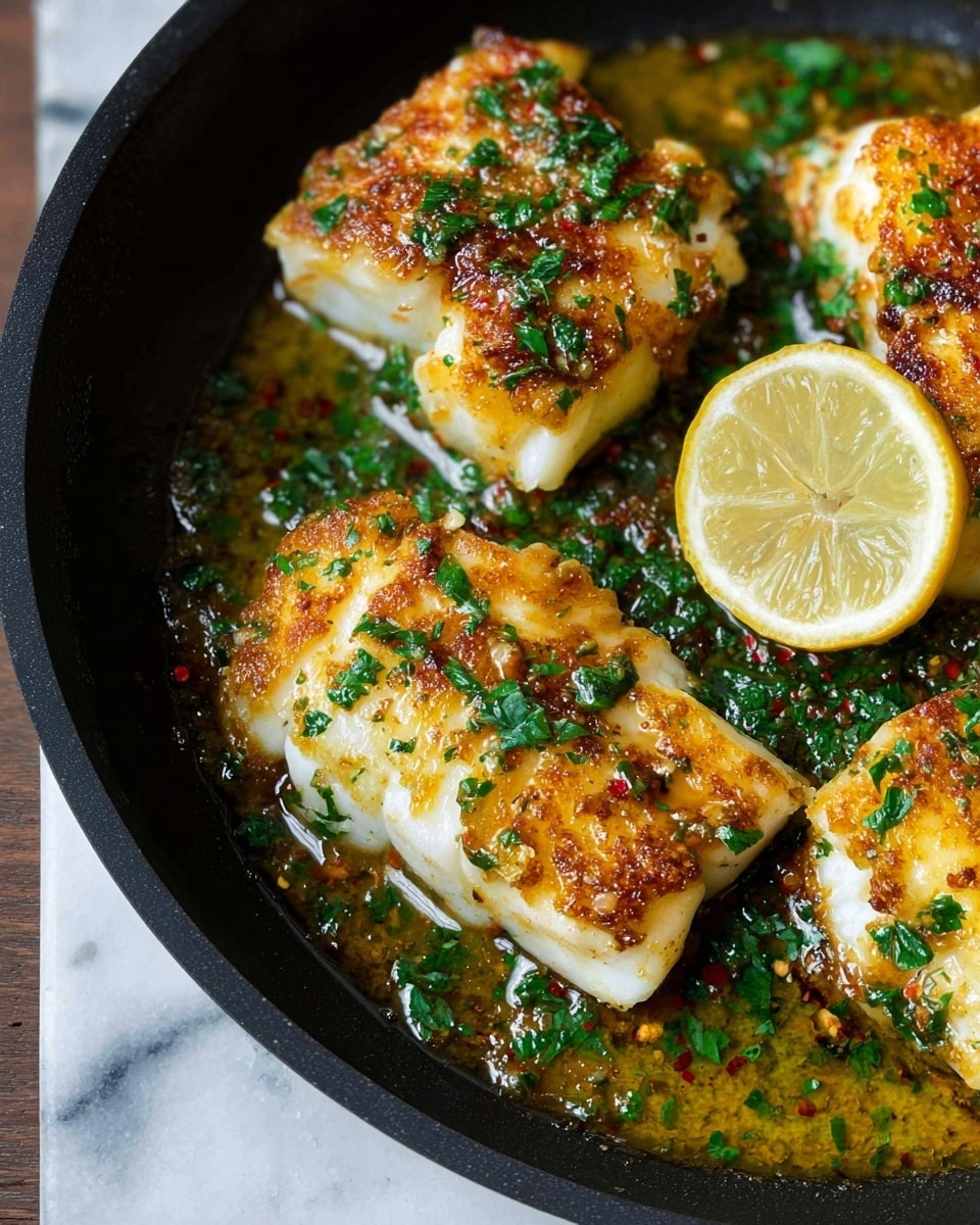 The image shows five golden brown fish fillets with crispy textured tops, arranged close together in a pan filled with a yellow oily sauce mixed with green herbs and red pepper flakes. The fish has a light flaky white color underneath the browned crust. Bright green chopped parsley is sprinkled over the fillets and sauce. There is a half lemon placed at the lower left corner giving a fresh touch. The background is a white marbled texture. photo taken with an iphone --ar 4:5 --v 7