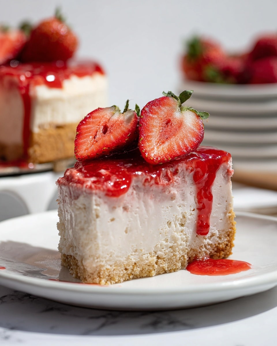 A close-up view of a three-layer strawberry cheesecake slice on a white plate, placed on a white marbled surface. The bottom layer is a light golden crust, firm and slightly crumbly. The middle layer is thick, creamy, and pale with a smooth texture. The top layer is a shiny, bright red strawberry glaze that drips down the sides. On top of the glaze, three fresh strawberries are placed, with two halved to show their juicy red interiors and tiny seeds, and one whole strawberry. In the blurry background, the rest of the strawberry cheesecake is visible with more strawberries on top, along with stacked white plates. Photo taken with an iphone --ar 4:5 --v 7