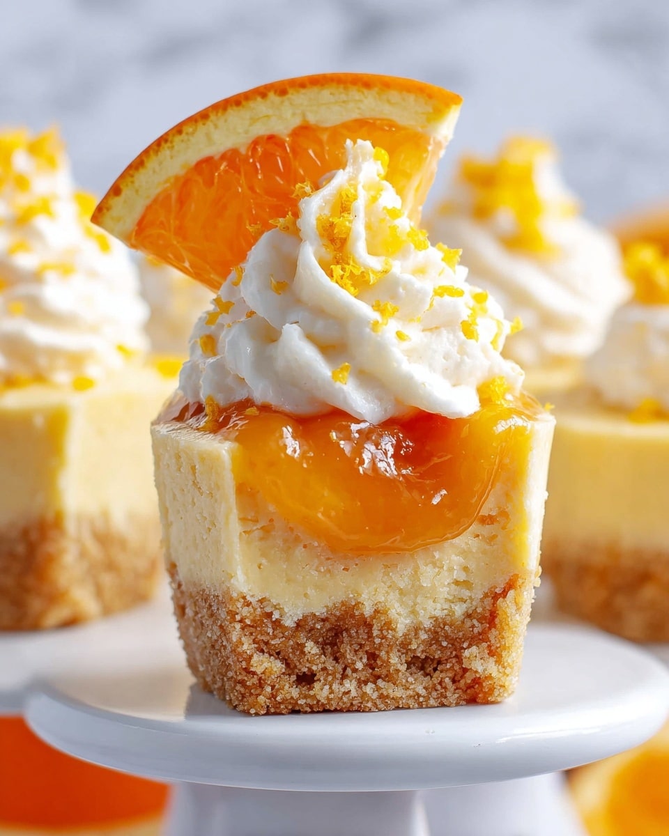A close-up of a small dessert with three layers sitting on a white stand against a white marbled background; the bottom layer is a thick, crumbly light brown cake forming the base, the middle layer is a shiny, smooth orange curd filling overflowing slightly into the cake, and the top layer is a fluffy, creamy white whipped topping with small orange zest pieces sprinkled on it, garnished with a thin, round slice of orange placed upright behind the whipped topping, photo taken with an iphone --ar 4:5 --v 7