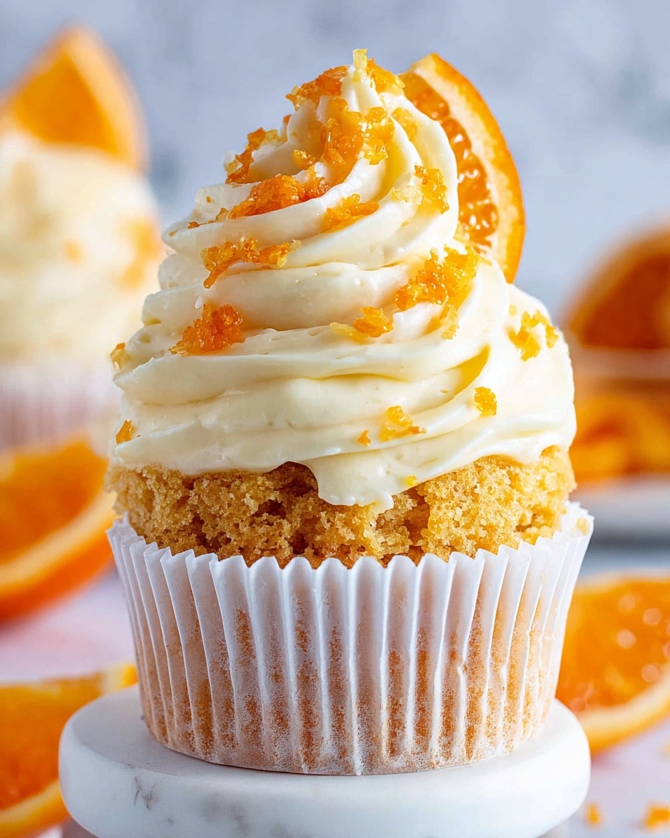 This image shows a close-up of a single orange cupcake with three visible layers. The base layer is a moist, textured orange cake with a light crumb. It sits on a white baking cup that is partially open. On top of the cake is a thick swirl of creamy white frosting with smooth, curved ridges. The frosting is sprinkled with small, bright orange zest bits. Behind the cupcake, there is a thin, curved slice of orange resting against the frosting. The scene is set on a white marbled surface with some blurred orange slices in the background. photo taken with an iphone --ar 4:5 --v 7