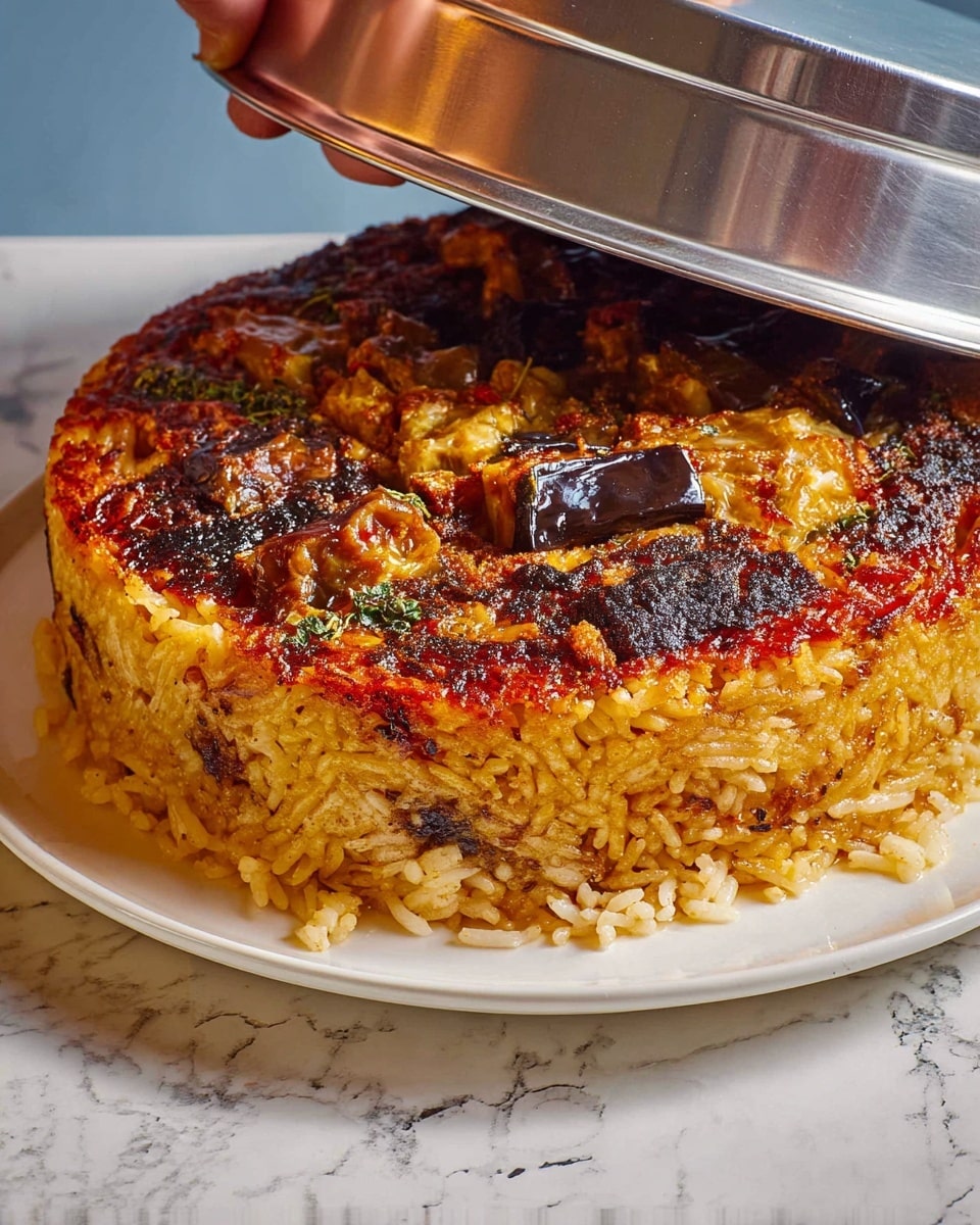 The dish shows a large round layered rice cake with a deep golden brown crispy crust all around the sides and bottom layers. The top layer has a mix of dark brown, almost black charred spots with softer golden areas, and visible pieces of cooked eggplant and red peppers scattered in between. The rice looks firm and textured, with some grains sticking out around the edges. The dish is placed on a white plate set on a white marbled surface. A woman's hand is lifting a metal lid to reveal the rice cake. Photo taken with an iphone --ar 4:5 --v 7