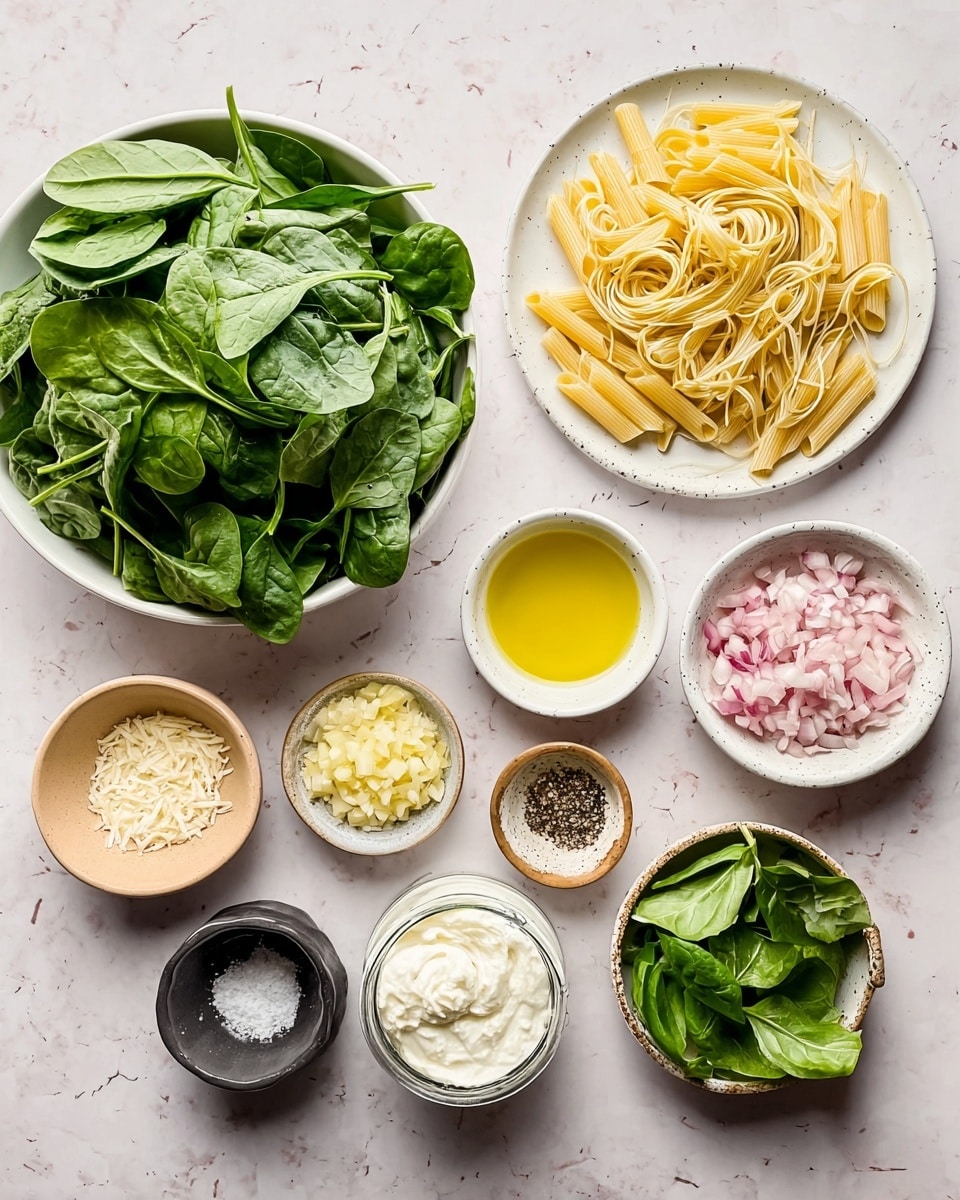 A collection of ingredients arranged on a white marbled surface includes several white bowls and one white plate, each holding different items: a large white bowl filled with fresh green spinach leaves, a white plate with uncooked light yellow pasta, a small white bowl with pale yellow olive oil, a small white bowl with pale yellow lemon juice, another small white bowl with yellow lemon zest, a small white bowl of light-colored minced garlic, a white bowl filled with chopped pink shallots, a light brown bowl with white grated cheese, a small white bowl with a white creamy cheese, a small glass jar with white cream, a small brown bowl holding green basil leaves, a small black bowl with white salt, and a small brown bowl containing black pepper. All items are neatly arranged against the white marbled background. photo taken with an iphone --ar 4:5 --v 7
