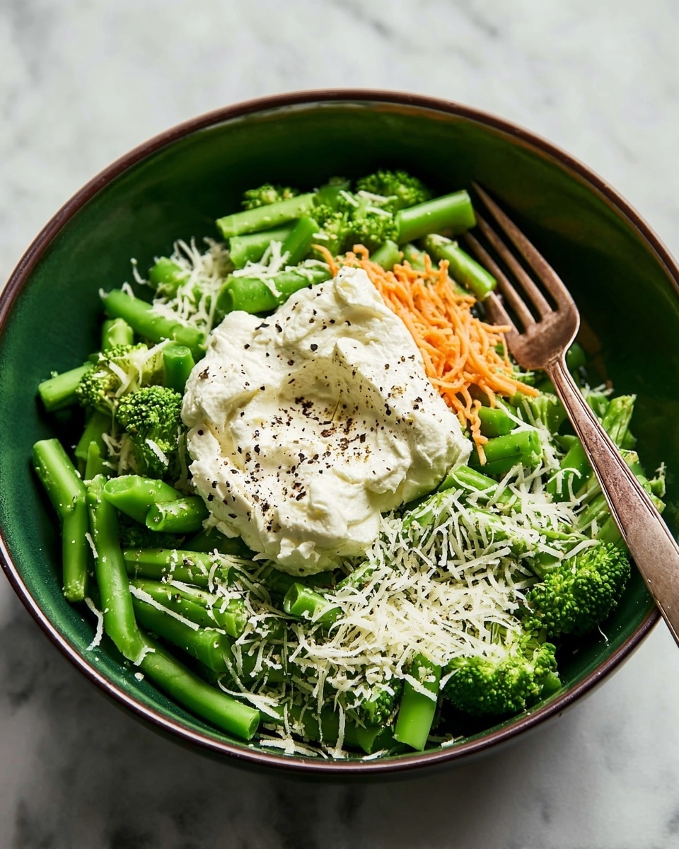 A dark green bowl filled with bright green cut vegetables layered evenly to cover the bottom. On top of the vegetables, there is one scoop of white creamy cheese sprinkled with small black pepper bits and grated white cheese scattered around the edges. A fork with a light brown handle is placed on the right side, resting inside the bowl on the vegetables. The bowl is set on a white marbled surface. Photo taken with an iphone --ar 4:5 --v 7