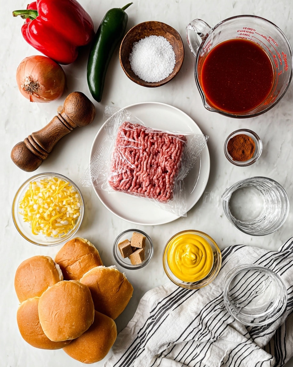 A white plate holds a block of raw ground meat wrapped loosely in clear plastic, placed near a wooden pepper grinder and a small wooden bowl filled with coarse salt. To the right, a glass measuring cup contains thick red sauce, and below it, a small clear glass bowl of bright yellow mustard is next to another small bowl with two round brown sugar cubes and a clear bowl with no contents. A small cup of smoked paprika and a clear measuring jug with a little water are close by. On the left side, a red bell pepper and two dark green jalapeños rest beside a whole red onion and a small bowl of crushed pineapple. In the lower part of the image, a group of golden-brown sandwich buns sit on a white cloth with black stripes, all arranged on a white marbled surface. photo taken with an iphone --ar 4:5 --v 7