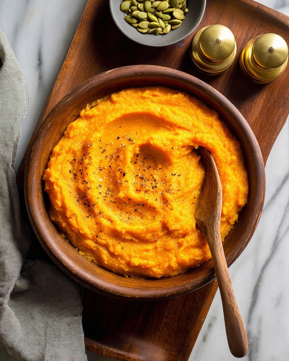 A bowl filled with bright orange mashed pumpkin placed on a dark wooden board. The smooth mashed pumpkin is swirled on top with a texture showing small bits, sprinkled with ground black pepper. Inside the bowl, a wooden spoon lies partially resting in the pumpkin mash. In the background, there is a small bowl with green pumpkin seeds and salt and pepper shakers with golden tops. The entire scene is set on a white marbled surface with a folded grey cloth in the corner. photo taken with an iphone --ar 4:5 --v 7