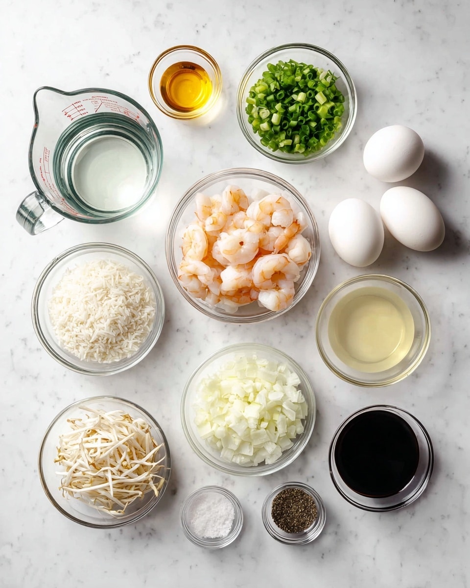 The image shows a top view of ingredients neatly arranged on a white marbled surface. There are eleven clear glass bowls and one measuring cup containing different ingredients: a large measuring cup with clear water on the left, a small bowl with golden liquid above it, a bowl with bright green chopped spring onions near the center top, white chopped onions in a bowl to the right, and two whole white eggs inside a bowl on the top right. In the center sits a bowl filled with pinkish cooked shrimp. Below the shrimp, there is a bowl with white rice grains, a bowl with white bean sprouts next to it on the left, and a small bowl with a light yellow liquid below. On the bottom right, three tiny clear bowls contain black pepper, coarse salt, and a dark brown sauce respectively. The ingredients are evenly spaced and well lit, making their colors and textures clear. photo taken with an iphone --ar 4:5 --v 7