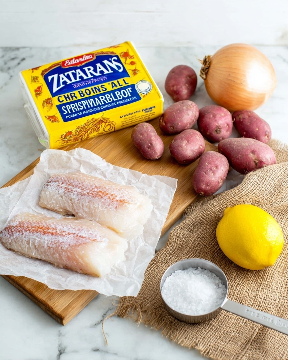 This image shows cooking ingredients arranged on a white marbled surface. In the front left, there are two raw fish fillets with light pink and white skin, placed on top of two sheets of parchment paper and a light wooden cutting board. Behind them, to the left, there is a bright yellow and blue box labeled