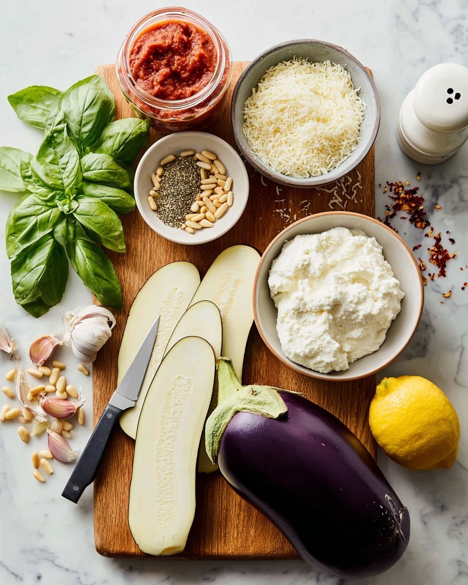 The image shows ingredients for a dish arranged on a wooden cutting board and a white marbled surface background. In the center on the board, there is a whole deep purple eggplant with three long pale cream slices of eggplant stacked next to it. A small black knife with a silver blade lies under the slices. To the left, fresh vibrant green basil leaves are displayed. Near the top middle, a white bowl contains pale beige pine nuts with a smaller white bowl of dried herbs inside it. Next to this is a glass jar of bright red tomato sauce with chopped texture, a bulb of garlic, and a white pepper grinder. On the right side, a white bowl with a tan rim is filled with creamy, thick white ricotta cheese. A smaller gray bowl holds a heap of finely grated white cheese. A yellow lemon sits next to the bowl of ricotta. Small garlic cloves and some red chili flakes are scattered around, completing the fresh ingredient setup. Photo taken with an iphone --ar 4:5 --v 7