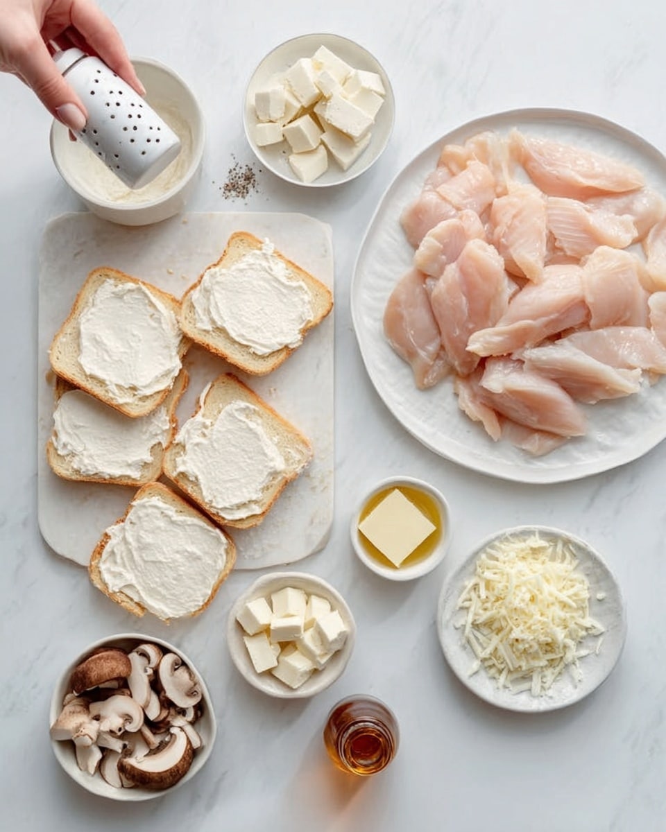 The image shows a white plate with several pieces of raw light pink chicken arranged in a slight pile on the upper right side. Below and to the left, there are five slices of white sandwich bread with creamy white spread on top, lying flat on a white marbled surface. Around these main items, there are small white bowls with various ingredients: one with coarse salt, one with small white cubes (likely cheese), one with a creamy white liquid, one with diced light yellow pieces, and one with white cottage cheese. There is also a small bowl with sliced brown mushrooms in the lower left corner and a small brown glass bottle near the bottom left side. A woman's hand is holding up a small white shaker with holes, appearing to sprinkle something. The entire scene is bright and neatly arranged. photo taken with an iphone --ar 4:5 --v 7