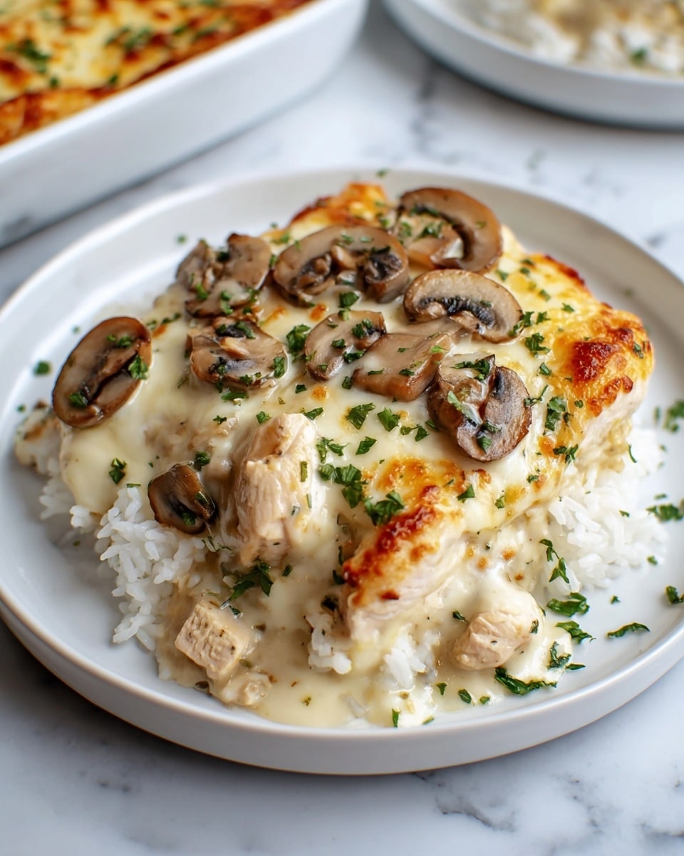 A white plate holds a dish with three layers: the bottom is white fluffy rice, the middle layer is light brown cooked chicken pieces, and the top layer is creamy white sauce with melted golden cheese and sliced brown mushrooms. The cheese has browned spots, and fresh chopped green herbs are sprinkled on top. The plate sits on a white marbled surface. Photo taken with an iphone --ar 4:5 --v 7