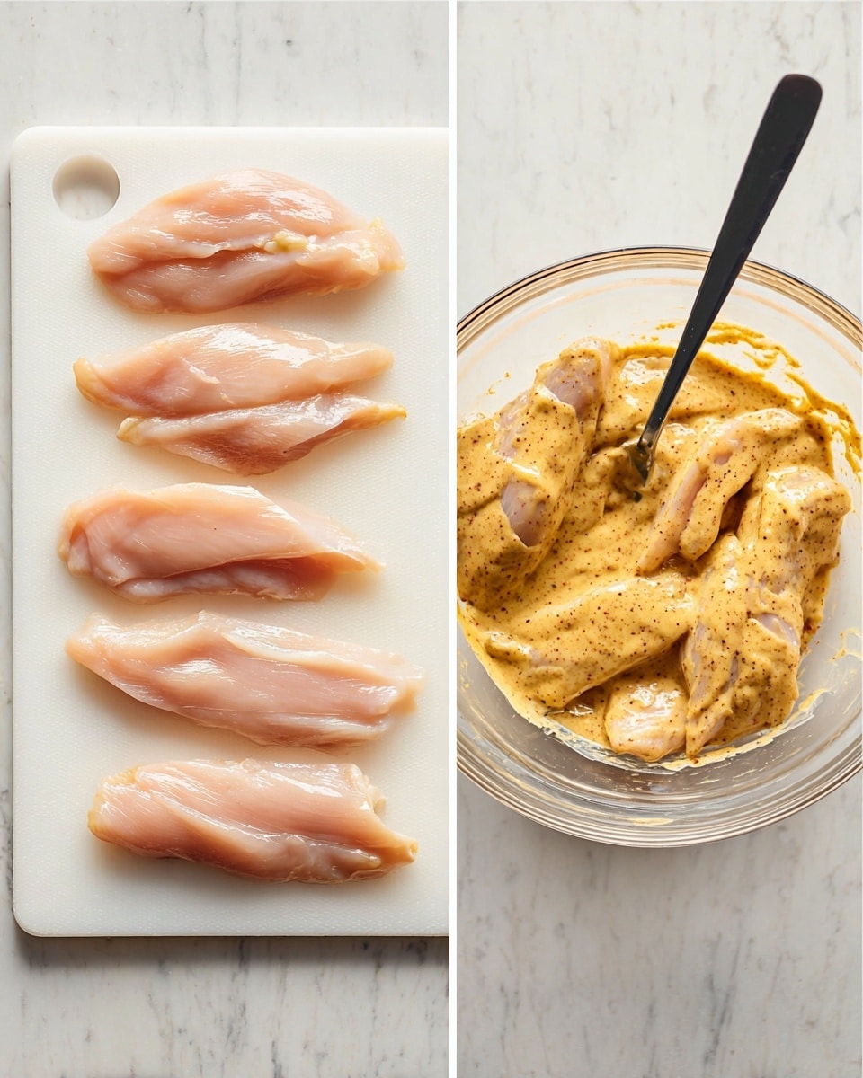 The image shows two side-by-side scenes on a white marbled surface. On the left, eight thin raw chicken strips are arranged in two vertical columns on a white cutting board; the chicken pieces are pale pink with a smooth, slightly shiny texture. On the right, a clear glass bowl holds several chicken pieces coated in a thick, creamy mustard-yellow sauce with some visible darker specks, and a black spoon rests in the bowl. photo taken with an iphone --ar 4:5 --v 7