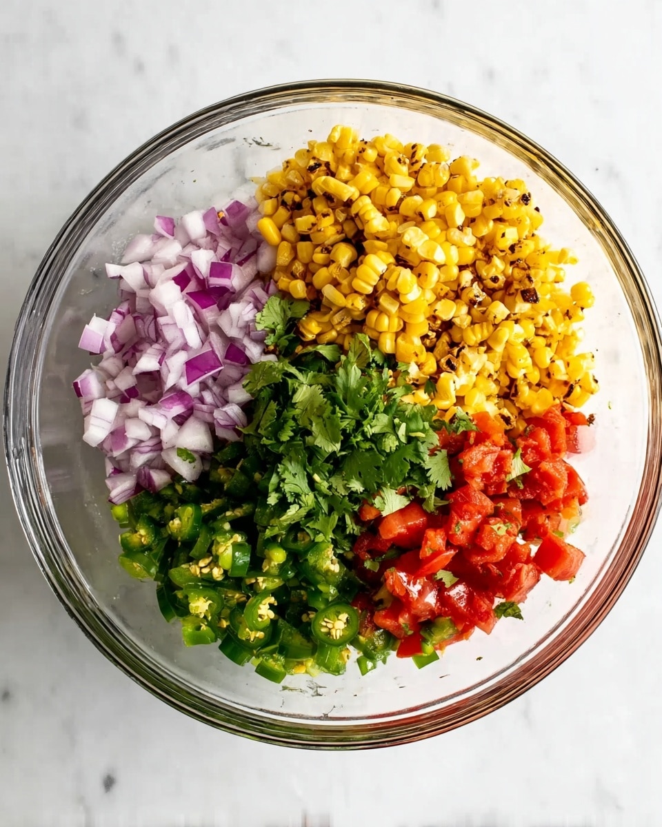 A clear glass bowl contains four main sections of ingredients arranged separately. One section has small pieces of purple-red onion with a slightly rough texture. Next to it is a pile of finely chopped green jalapeño peppers, bright and fresh. Another section shows roasted yellow corn kernels with some black char marks, giving a toasted look. The last section has small, uneven chunks of red tomatoes with a few green cilantro leaves placed on top, alongside more cilantro leaves filling some space. The bowl is placed on a white marbled surface. Photo taken with an iphone --ar 4:5 --v 7
