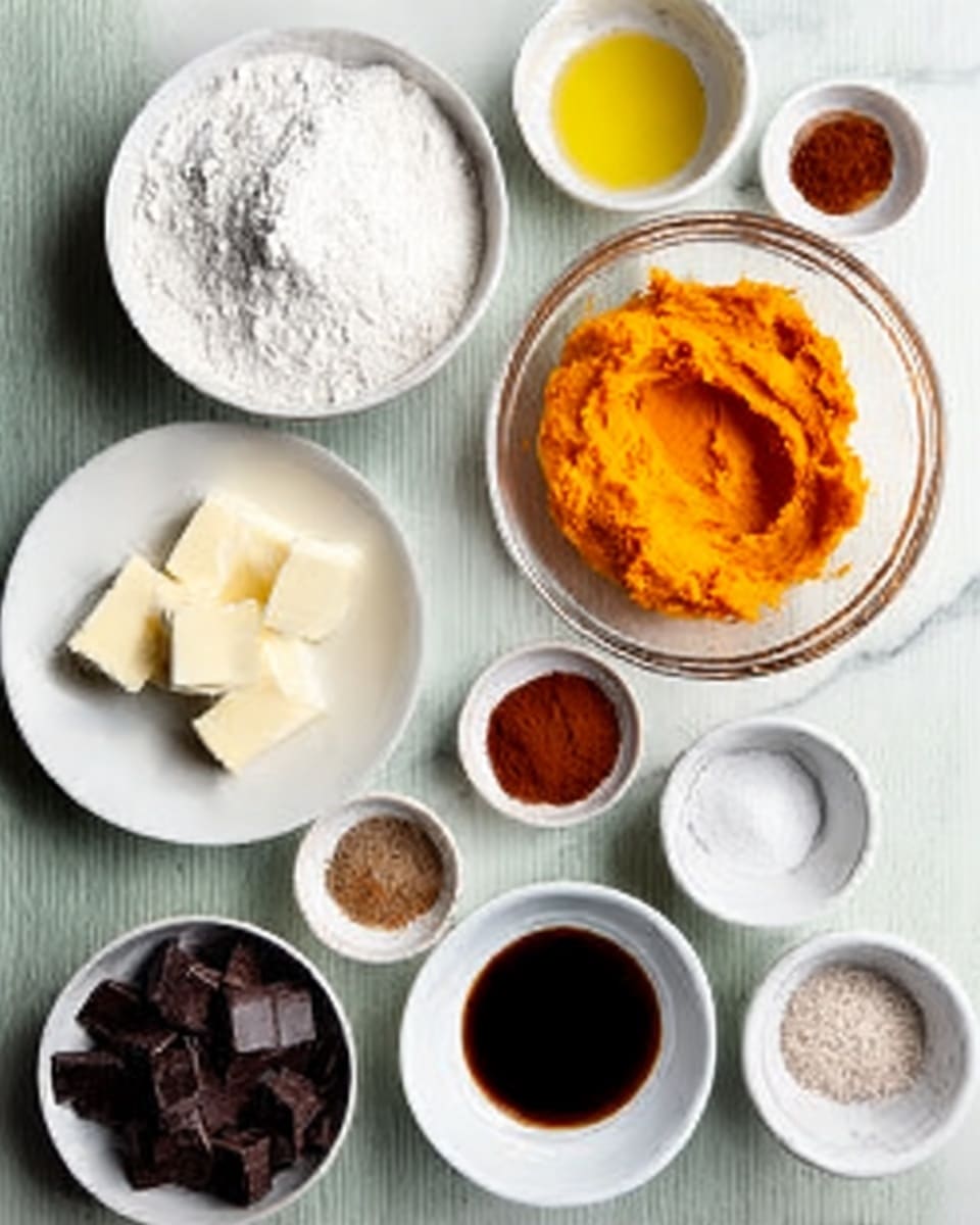 A white marbled surface holds a clear glass bowl filled with bright orange pumpkin puree. Next to it, a small white bowl with a yellow liquid, likely melted butter, and a small white bowl with a dark brown liquid, probably vanilla extract. There are several small white bowls containing spices: one with a reddish-brown powder, another with a white powder, and one with a grainy white substance. On the left side, a white bowl with white flour, a white bowl with small white cubes of butter, and a white bowl with dark chocolate chunks. The overall arrangement is neat with all bowls placed on the white marbled surface. Photo taken with an iphone --ar 4:5 --v 7