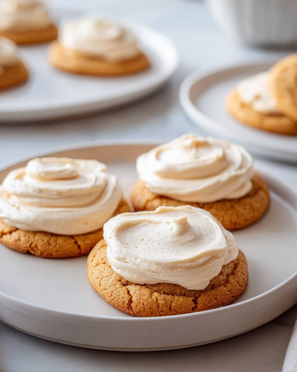 Three round cookies with cracked golden-brown bases are placed on a simple white plate. Each cookie has a thick layer of light cream frosting swirled smoothly on top, showing small specks of vanilla. In the blurred background, there is another white plate holding three more similarly decorated cookies, and a third white plate with one cookie is seen to the right. The setting rests on a white marbled surface with soft natural lighting. photo taken with an iphone --ar 4:5 --v 7