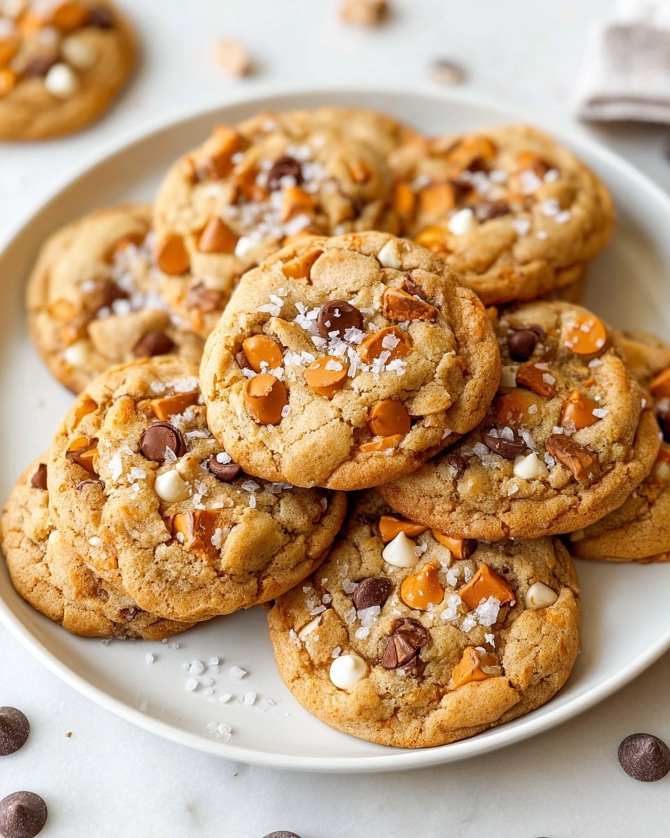 A group of seven thick, round cookies with a golden brown color sits on a white plate. Each cookie is full of orange, light brown, and dark brown chocolate drops scattered on top, along with some white chocolate pieces inside. Small pieces of coarse white salt flakes are sprinkled evenly across the cookies, adding texture to their soft, slightly cracked surface. The plate is placed on a white marbled surface with a few extra chocolate drops scattered around in the background. photo taken with an iphone --ar 4:5 --v 7