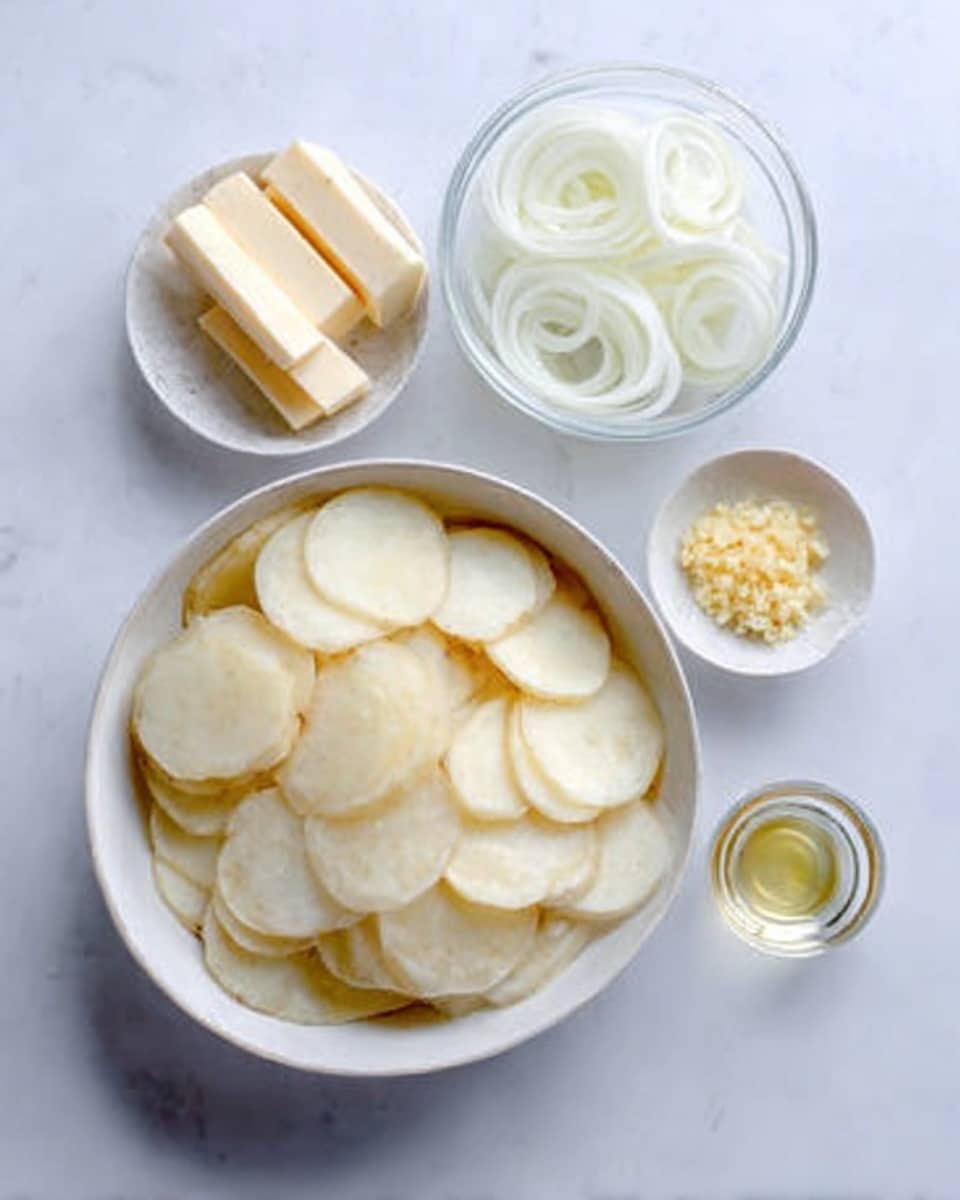 A white bowl full of thinly sliced white potatoes sits on a white marbled surface, with slices layered evenly and overlapping inside the bowl. Above it, a small clear glass bowl contains thinly sliced white onions arranged in loose loops. To the right of the onion bowl, a tiny clear dish holds minced garlic with a light yellow color. Below that, another small white bowl holds two stick-like pieces of pale yellow butter, positioned side by side. Below the butter bowl, a clear glass contains a small amount of clear cooking oil. All items are set neatly on the smooth white marbled surface. Photo taken with an iphone --ar 4:5 --v 7