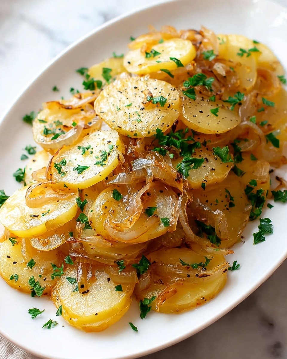 The image shows a white oval plate filled with thin, golden yellow slices of cooked potatoes layered in a slightly overlapping style. Mixed throughout the potato slices are soft, translucent caramelized onion strips with light brown edges. The dish is garnished with small pieces of fresh green parsley scattered evenly on top and around the plate. There is a light sprinkling of black pepper on the food, creating small black dots against the yellow potatoes. The plate sits on a white marbled surface. photo taken with an iphone --ar 4:5 --v 7