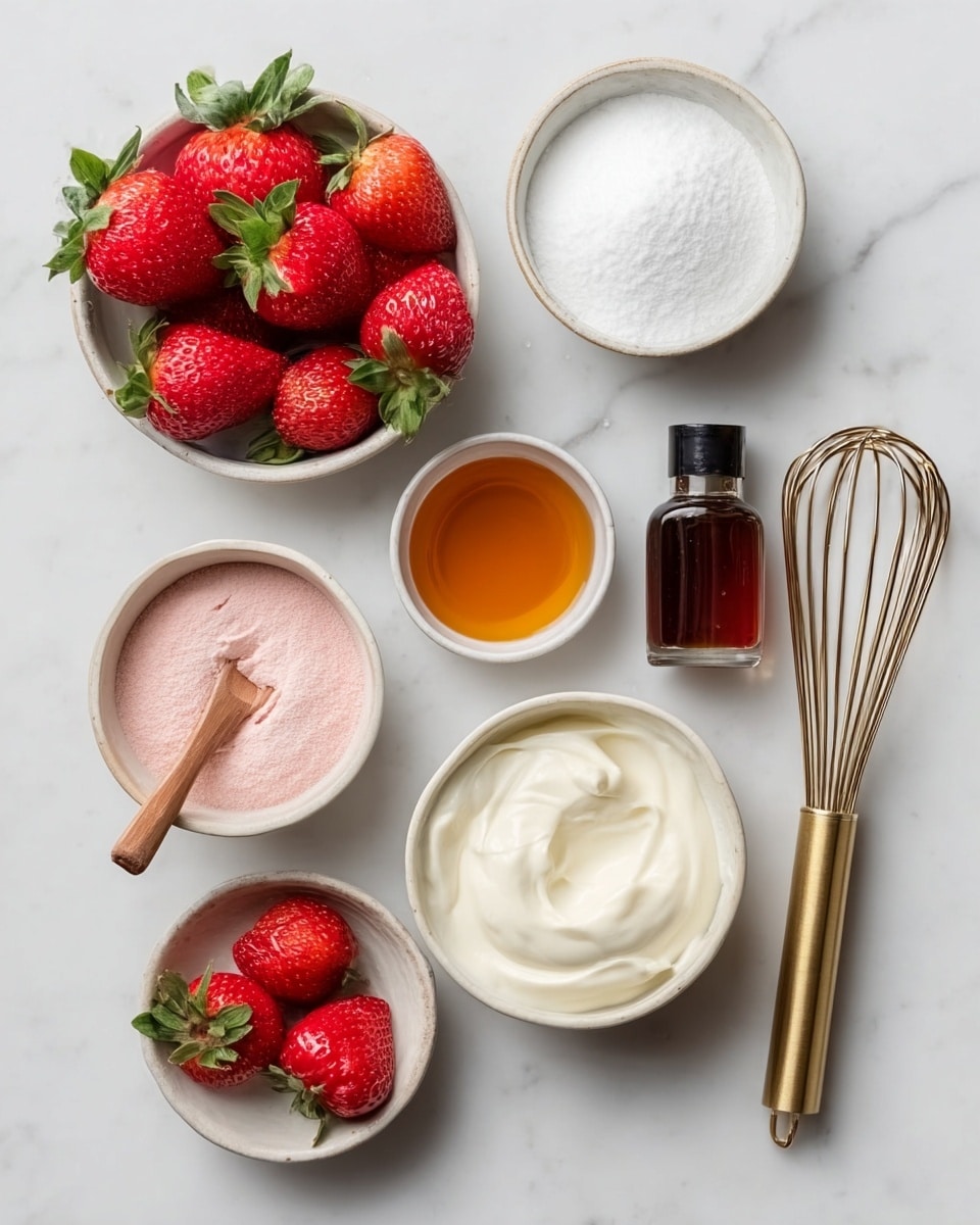 The image shows seven small white bowls arranged on a white marbled surface. The top left bowl is filled with bright red strawberries with green leaves. To its right, there is a bowl of white granulated sugar. A small glass bottle of brown vanilla extract sits near the center right. Below the sugar bowl, there is a bowl with golden honey inside. Beneath the honey, a larger bowl contains smooth white cream. To the bottom left, a smaller bowl has pink powdered sugar with a small wooden spoon resting inside. Near the bottom center, a smaller bowl holds a few fresh strawberries. A silver whisk with a gold handle is placed to the right side on the marble surface. The photo taken with an iphone --ar 4:5 --v 7