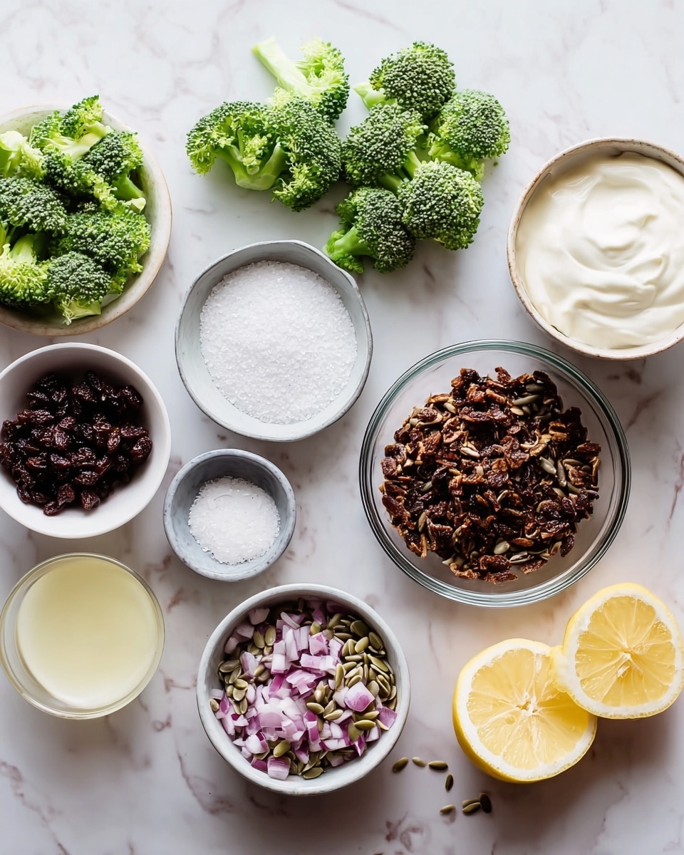 A top view of several ingredients arranged on a white marbled surface: in the top left, green broccoli florets spread out; beside it to the right, a white bowl filled with creamy white yogurt; next to that, a white bowl with white granulated sugar; at the center, a clear glass bowl filled with dark brown crispy cooked bits; below it, a white bowl of finely chopped purple and white onions; to the right of that, a small gray bowl with white salt; next to it, a white bowl full of sunflower seeds; at the far right, two half lemon slices placed side by side; and at the bottom right, a small white bowl with a pale liquid, possibly lemon juice; at the bottom left, a clear glass bowl containing dark raisins. Photo taken with an iphone --ar 4:5 --v 7