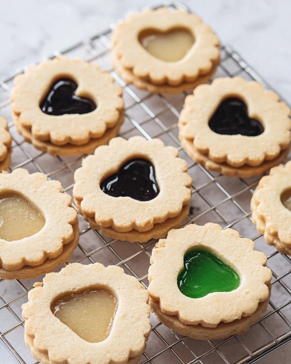 The image shows several pairs of round sandwich cookies with scalloped edges on a metal cooling rack against a white marbled surface. Each cookie has two layers: the top layer is a pale beige cookie with a central cut-out in either a heart or star shape, and the bottom layer is a matching solid cookie. Between the cookie layers, there is a glossy filling visible through the cut-outs in three colors: dark brown, black, and bright green. The cookies are arranged in a casual cluster, showing their smooth texture and the shiny contrast of the fillings peeking through. Photo taken with an iphone --ar 4:5 --v 7
