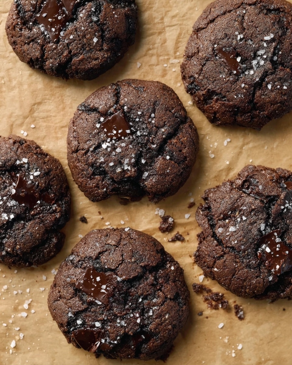 The image shows six dark brown chocolate cookies on light brown parchment paper with some crumbs around them. Each cookie has a rough and slightly cracked top surface, with visible melted chocolate chunks embedded inside, giving a glossy dark shine in certain spots. They are sprinkled with small white flakes that look like sea salt, adding contrast to the dark cookie surface. The cookies are round but uneven in shape, scattered loosely on the parchment paper, showing some texture and depth in their form. photo taken with an iphone --ar 4:5 --v 7