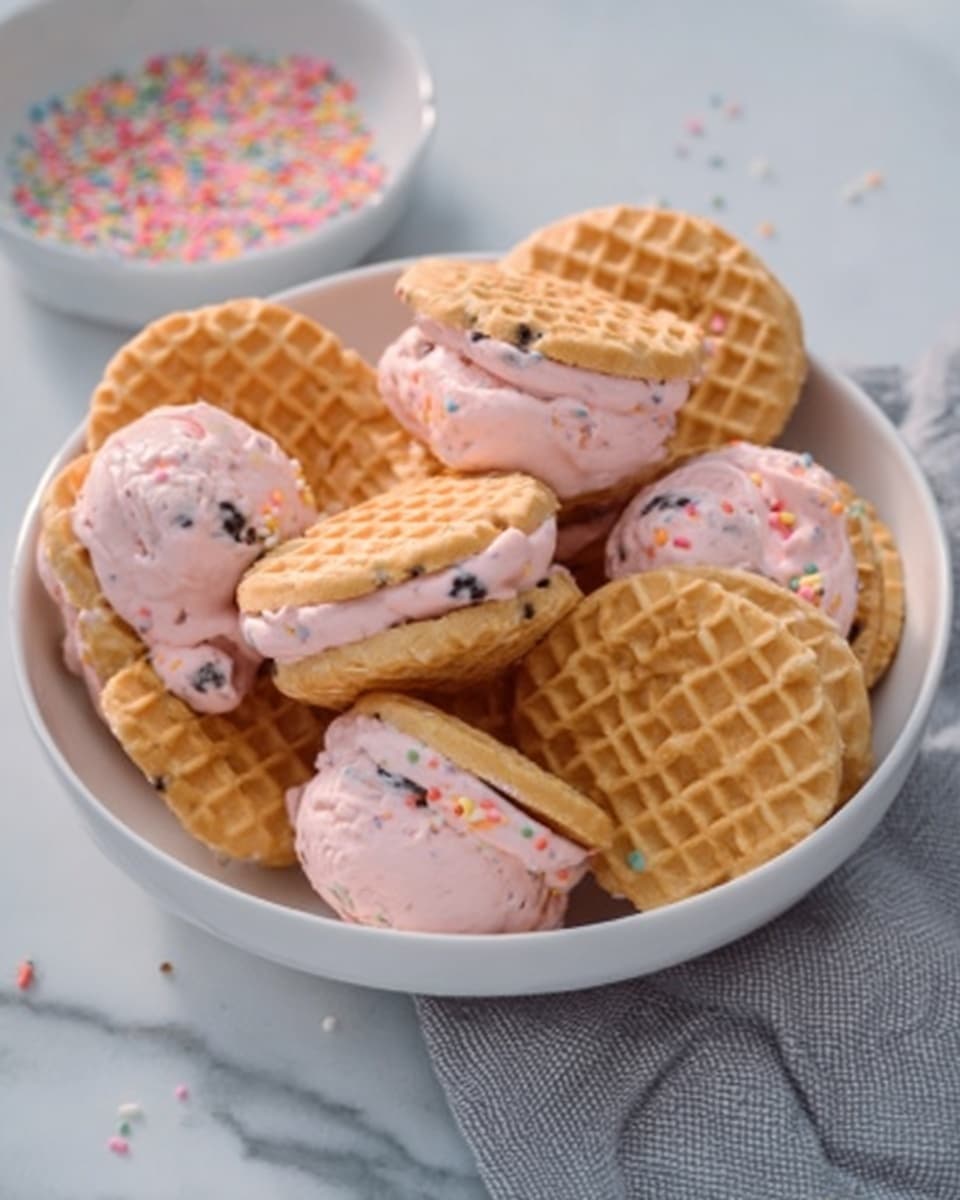 A white bowl filled with waffle cookies that are light golden brown and textured with square patterns. On top of these waffles are pink cream dollops that have small colorful sprinkles scattered on them, adding a playful touch. Some waffle cookies are sandwiched with the pink cream layer visible between them. In the background, there is a small white bowl with more colorful sprinkles, and the setting is on a white marbled surface with a soft gray cloth partly visible. Photo taken with an iphone --ar 4:5 --v 7