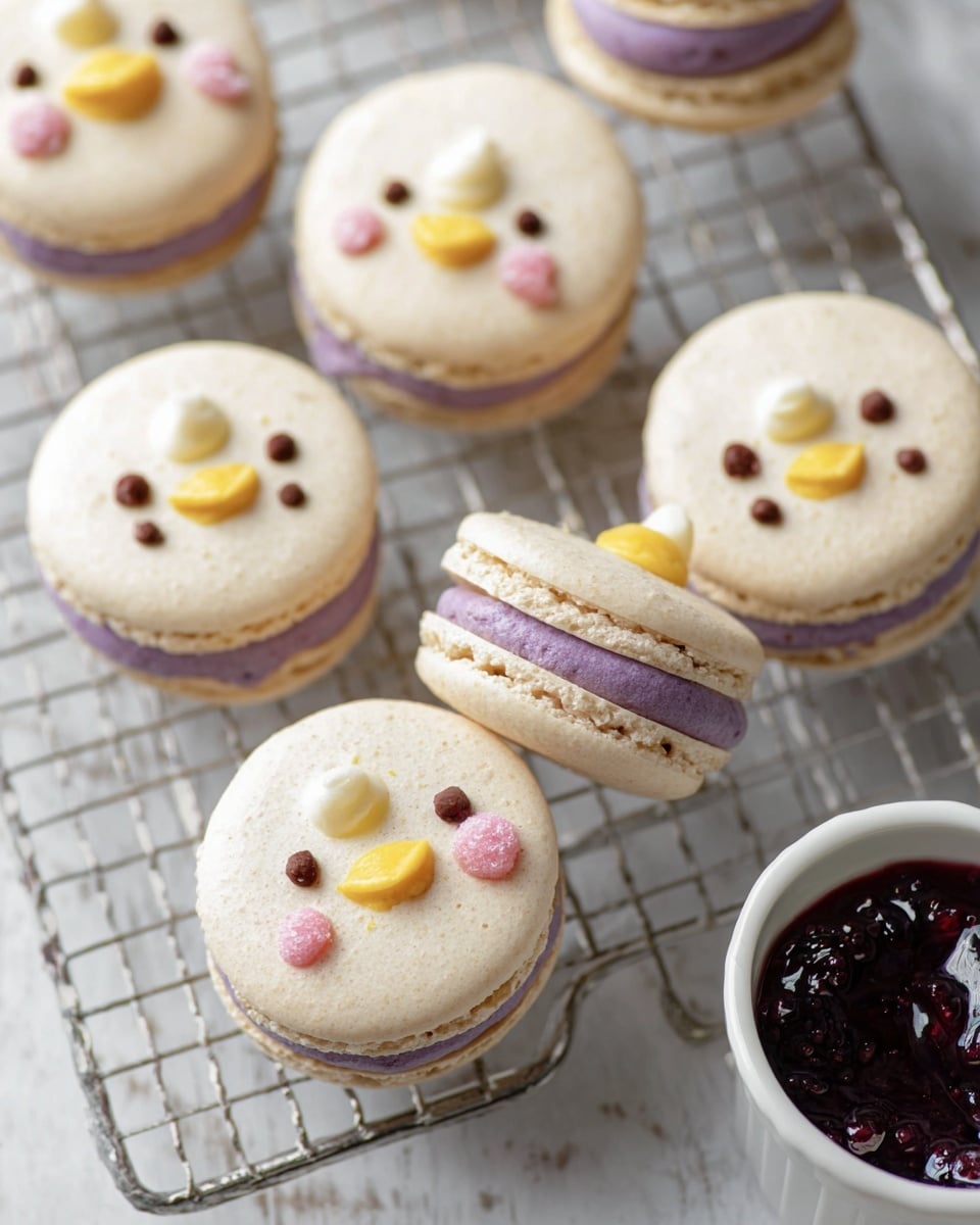The image shows several round macarons on a silver grid with a white marbled surface underneath. Each macaron has two light beige shells with a smooth texture and a middle layer filled with light purple cream. The top shells of the macarons are decorated with small, cute faces made from colored cream: yellow beaks, brown eyes, and small pink cheeks, making them look like little chicks. One macaron is open, revealing the purple cream layer inside, which is thick and creamy, and some yellow and brown cream details on the upper shell. To the side, there is a small white bowl with dark purple jam. Photo taken with an iphone --ar 4:5 --v 7