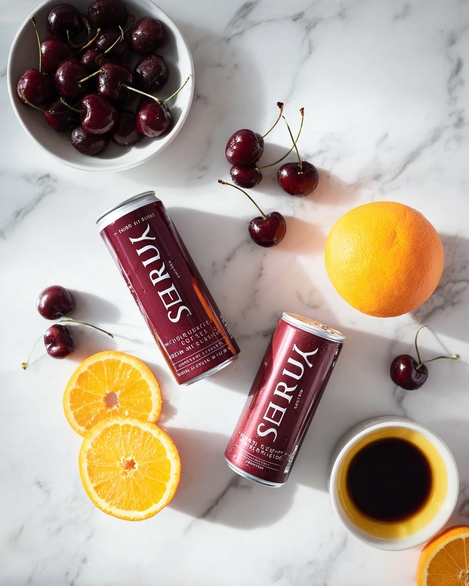 The image shows two tall slim cans of dark red bubbly drink labeled