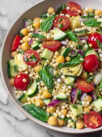 Mediterranean Couscous Salad with Chickpeas, Veggies, and Lemon-Dill Dressing Recipe