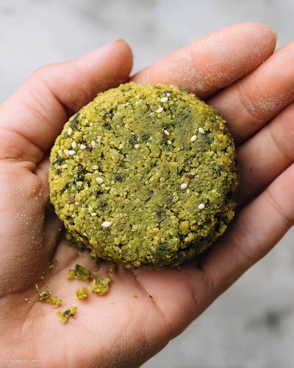 A round, thick green falafel patty with a rough texture is held gently in a woman's open palm. The falafel has visible small white sesame seeds scattered across its surface, which shows some small cracks and crumbs, indicating a crumbly texture. The color is mostly light green with specks of darker green herbs mixed in. The woman's hand is shown close up, with some fine crumbs stuck on the skin. The background is a white marbled texture. photo taken with an iphone --ar 4:5 --v 7
