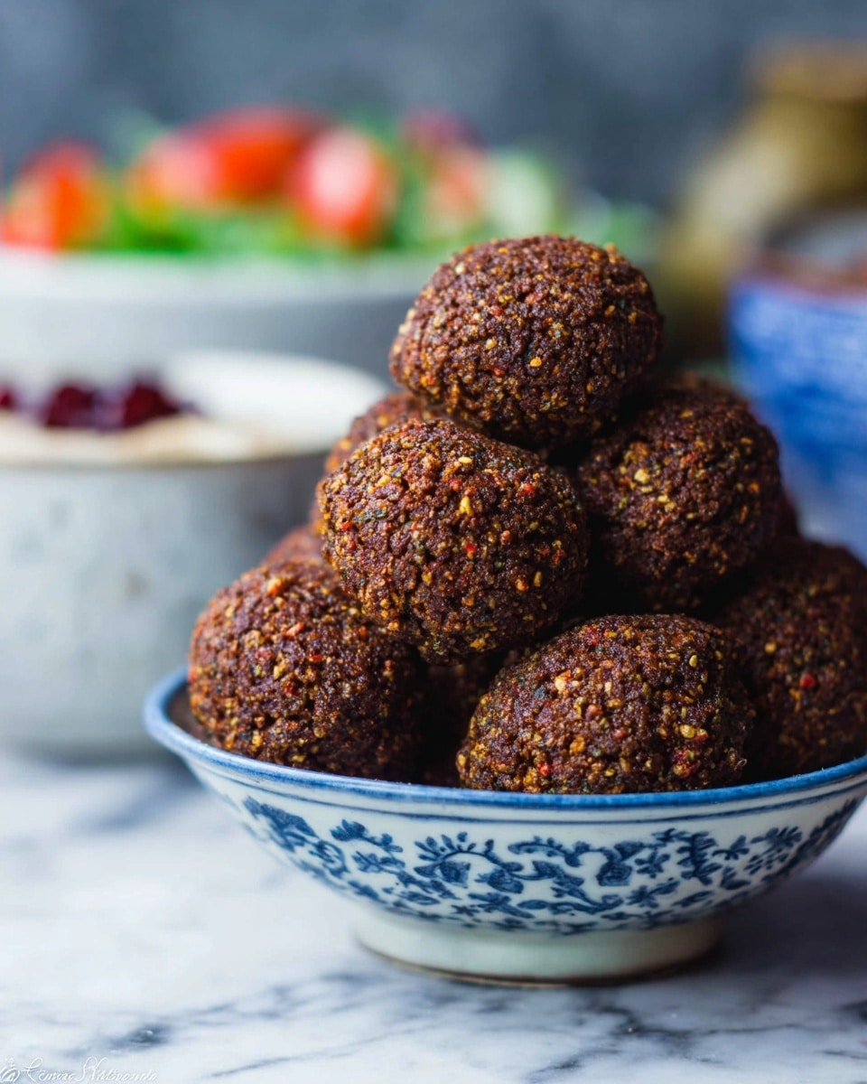 A white bowl with blue patterns holds a stack of dark brown falafel balls, each with a rough, crumbly texture and small visible bits of seeds and spices. The balls are piled high, creating a layered mound with an uneven surface. In the blurred background, there are two bowls, one white and one blue, and a salad with bright green and red colors that contrast with the falafel. The whole setting sits on a surface with a white marbled texture. photo taken with an iphone --ar 4:5 --v 7