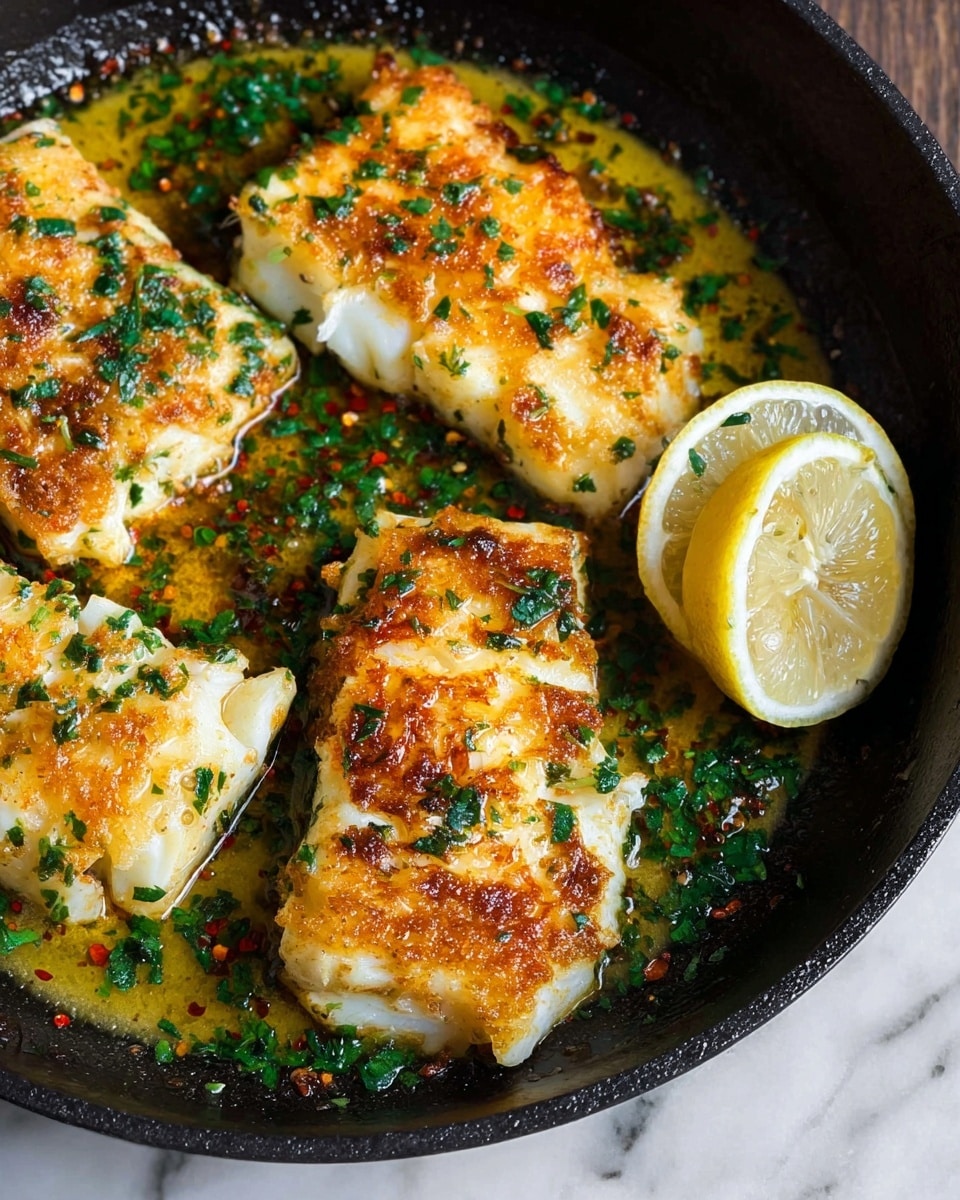 The image shows three pieces of golden-brown cooked fish with a slightly crispy, bubbly texture on top, placed inside a black pan. The fish pieces are white underneath the golden crust and are sprinkled with freshly chopped green herbs. There is a half lemon with a pale yellow inside resting on top of the fish piece on the right side. Around the fish, a shiny sauce with green herbs and small red pepper flakes is visible, giving the dish a rich, textured look. The pan is set on a white marbled surface. photo taken with an iphone --ar 4:5 --v 7